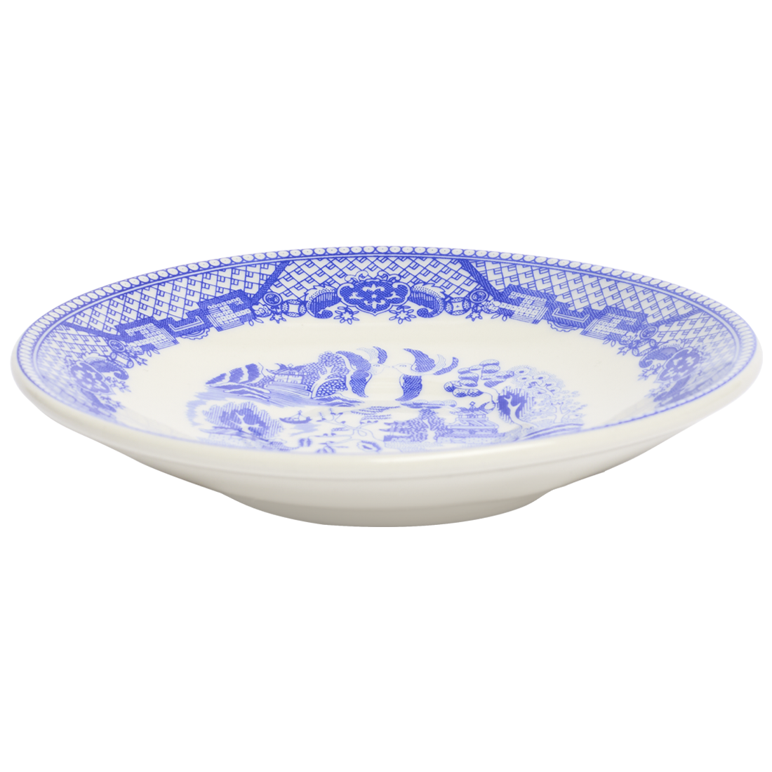 White ceramic plate with blue floral pattern on a white background