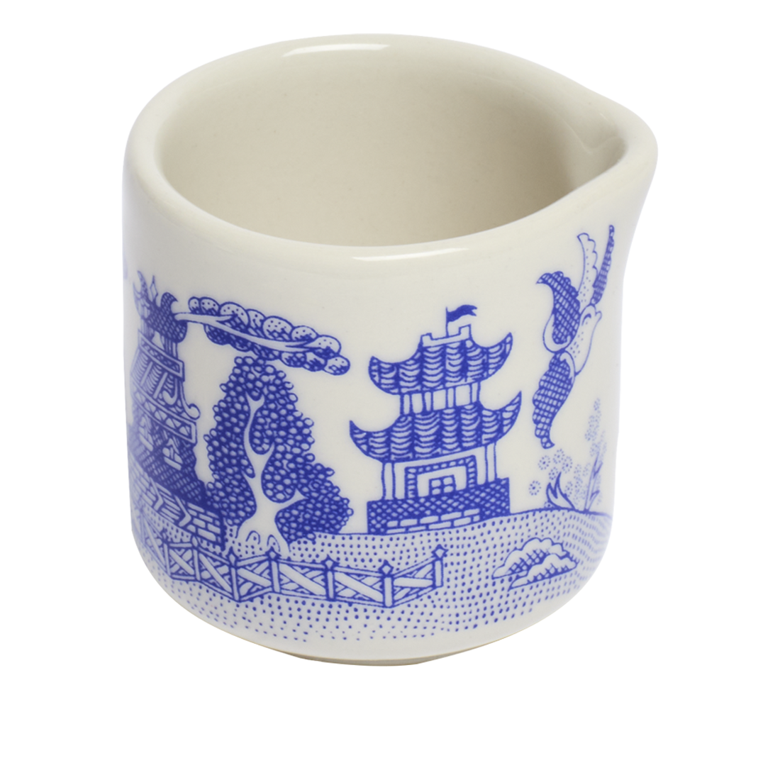 White ceramic cup with blue decorative elements on a white background