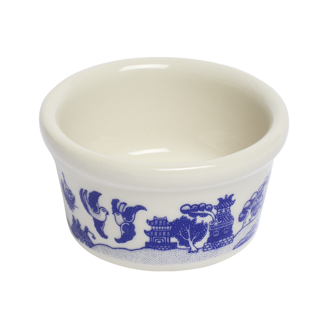 White ceramic cup with blue decorative pattern on a white background