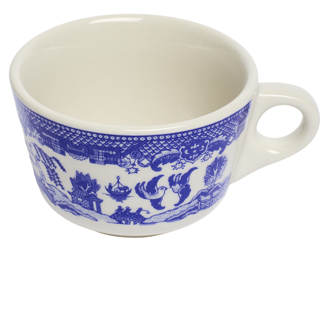 Side view of Blue Willow Coffee Cup 6.4oz by Fishs Eddy, cup perfect for coffee, tea, and everyday use