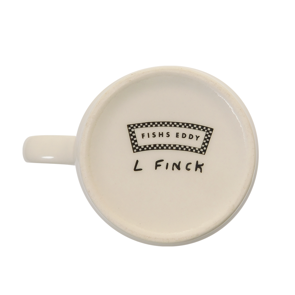 A white ceramic mug with a hand-drawn illustration of a solar system with planets and a central star.