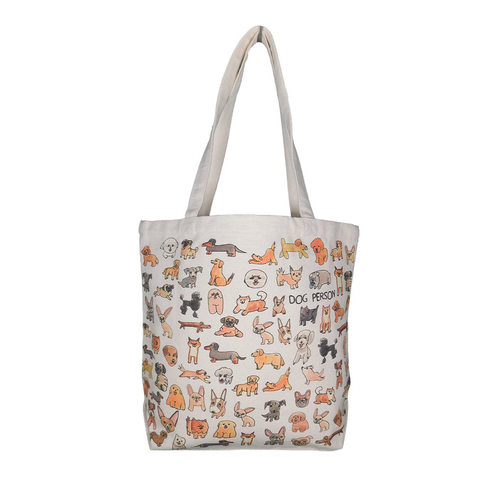 A medium-sized tote bag with a white background featuring a pattern of various animals, predominantly dogs, with multicolored details.