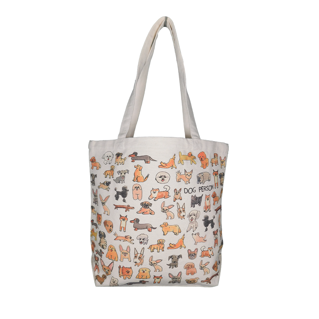 A medium-sized tote bag with a white background featuring a pattern of various animals, predominantly dogs, with multicolored details.