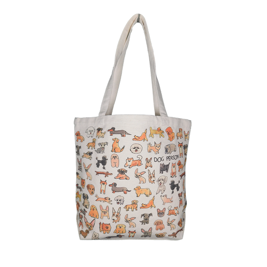 A medium-sized tote bag with a white background featuring a pattern of various animals, predominantly dogs, with multicolored details.