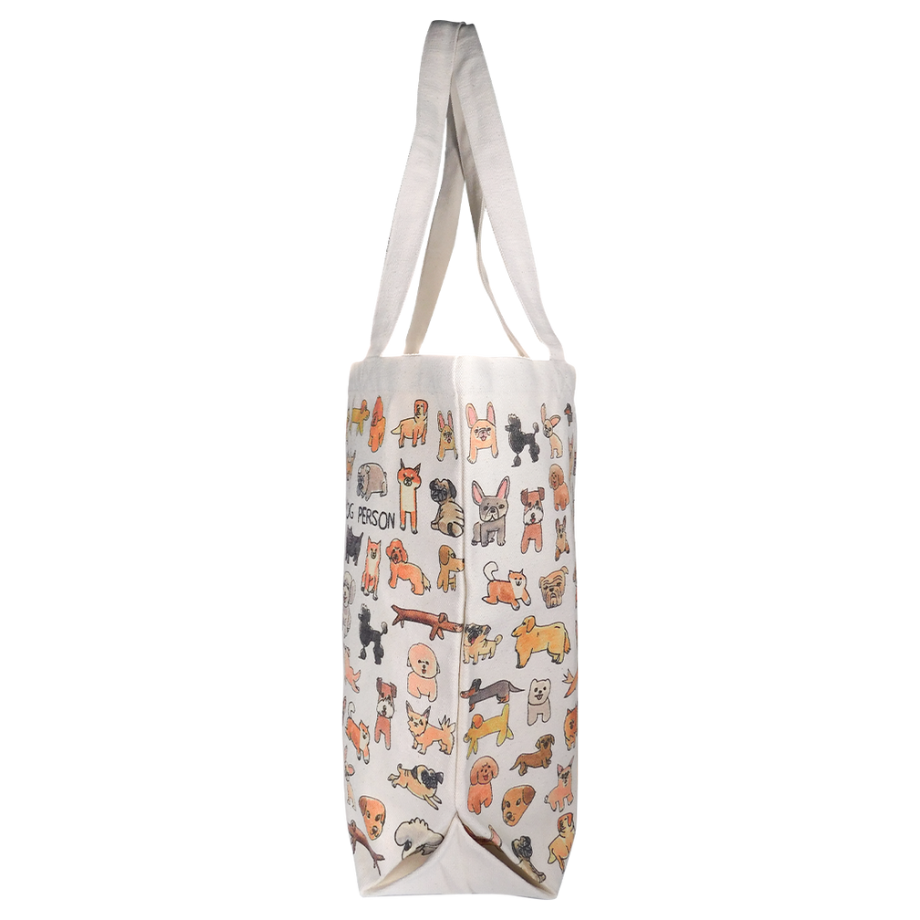 A medium-sized tote bag with a white background featuring a pattern of various animals, predominantly dogs, with multicolored details.