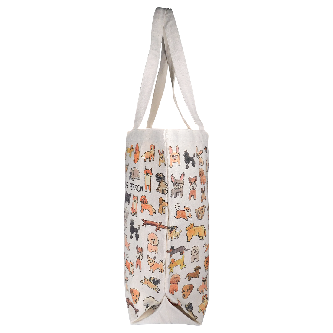 A medium-sized tote bag with a white background featuring a pattern of various animals, predominantly dogs, with multicolored details.