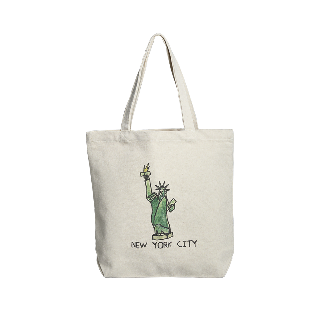 Tote bag with a graphic of the Statue of Liberty and 'New York City' text on a white background