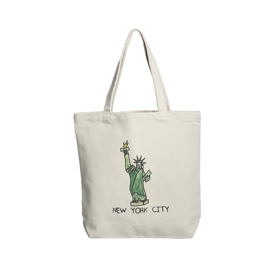 Tote bag with a graphic of the Statue of Liberty and 'New York City' text on a white background