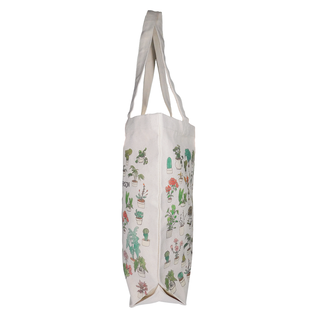 A beige tote bag with a pattern of various plants and the text 'PLANT PERSON' across the bottom.