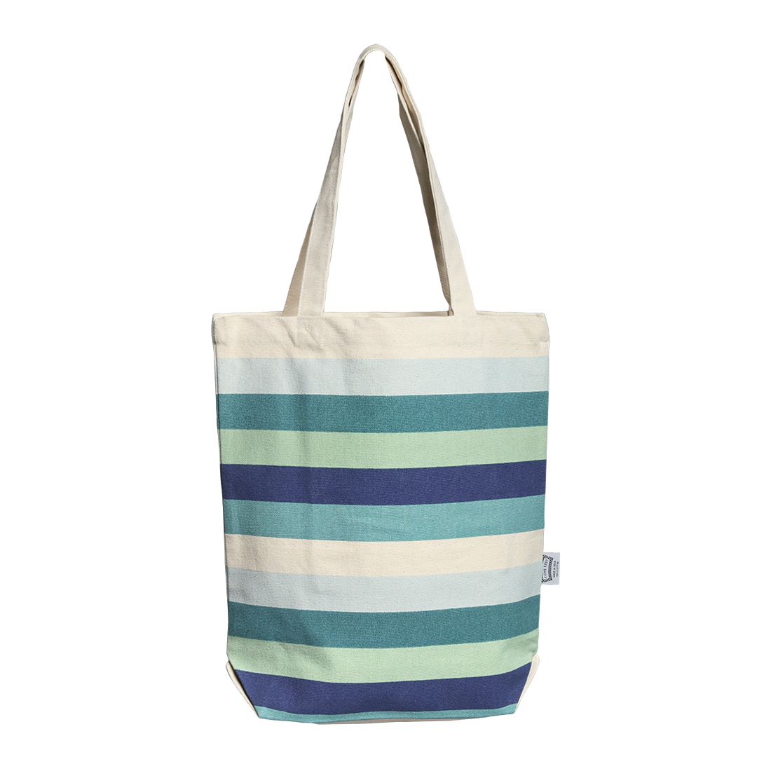 Tote bag with blue and green striped pattern on a white background