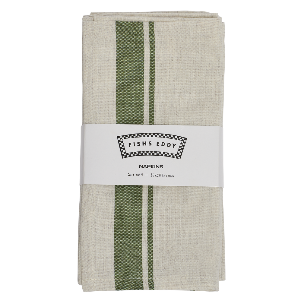 Pack of napkins with green stripes and 'Fishes Eddy' label on a white background