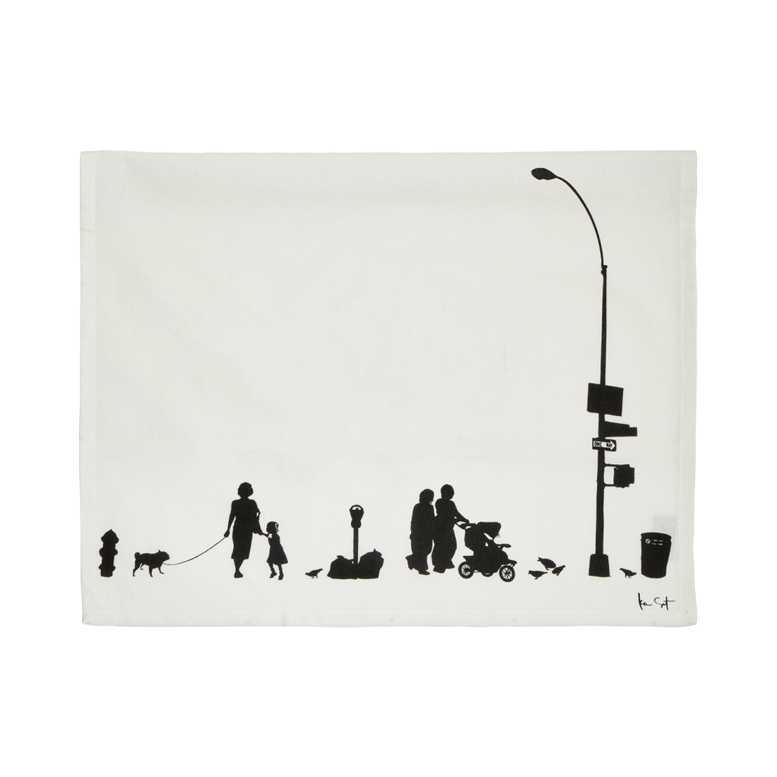 Black and white illustration of people and a dog on a city street with a lamp post.