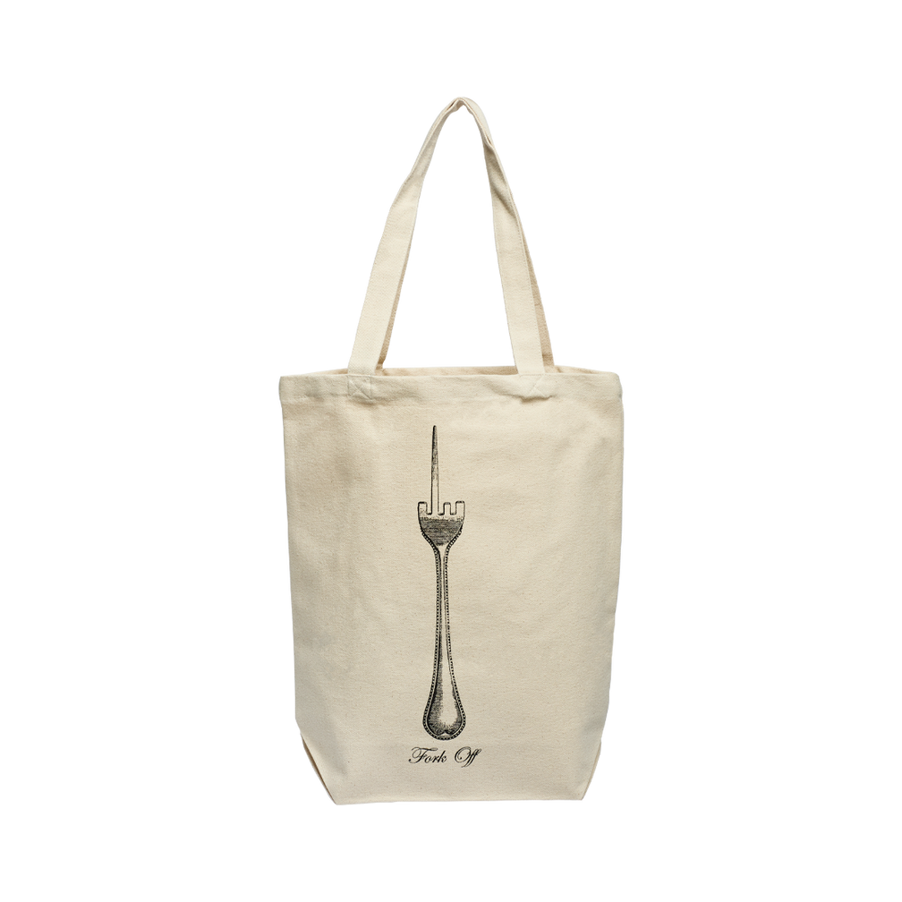 Beige tote bag with a black and white illustration of a fork on a white background