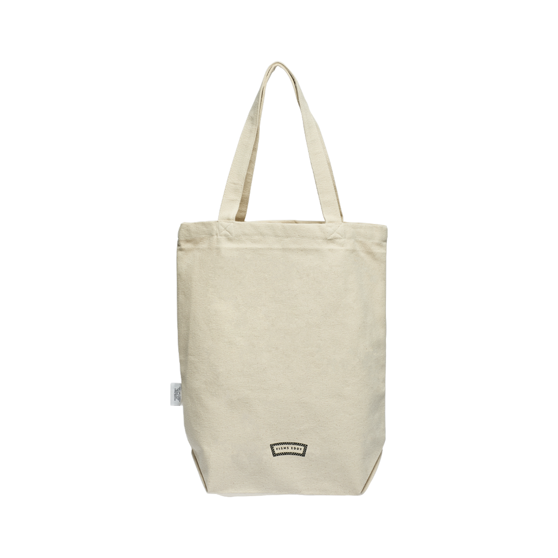 Beige tote bag with a small logo on a white background