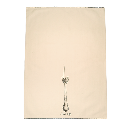 A white tea towel with a black fork illustration and the phrase 'Fork Off' printed on it.