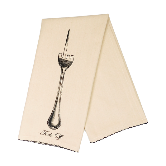 A white tea towel with a black fork illustration and the phrase 'Fork Off' printed on it.