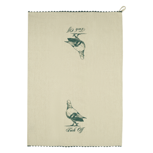 Beige towel with green bird illustrations and text on a white background