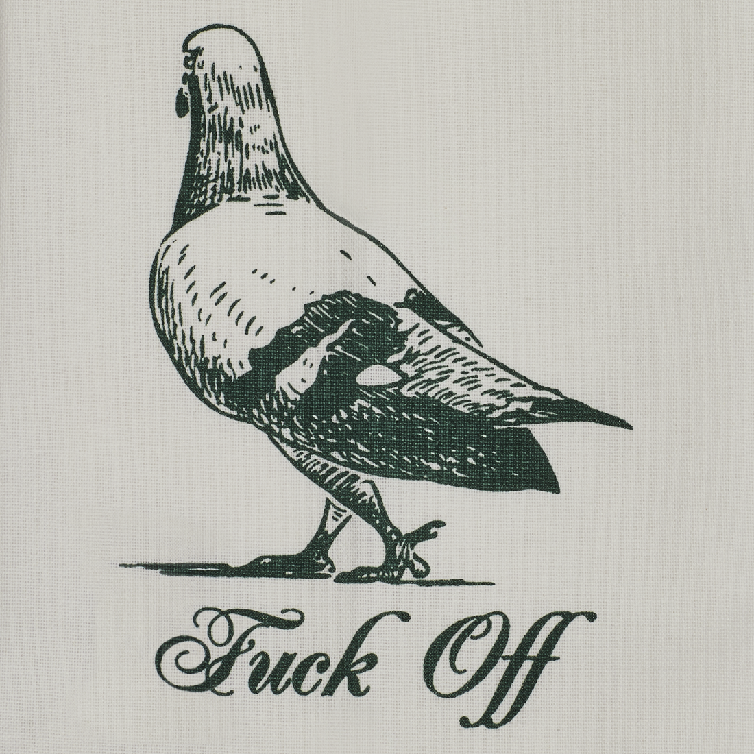 Black and white illustration of a pigeon with text 'Fuck Off' on a light gray background