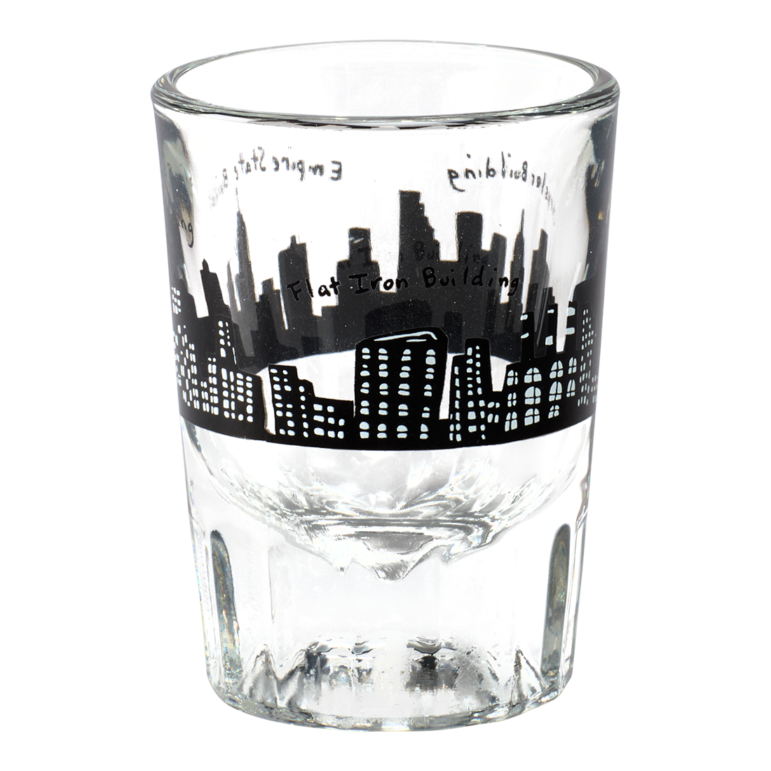 Clear glass with black city skyline design on a white background