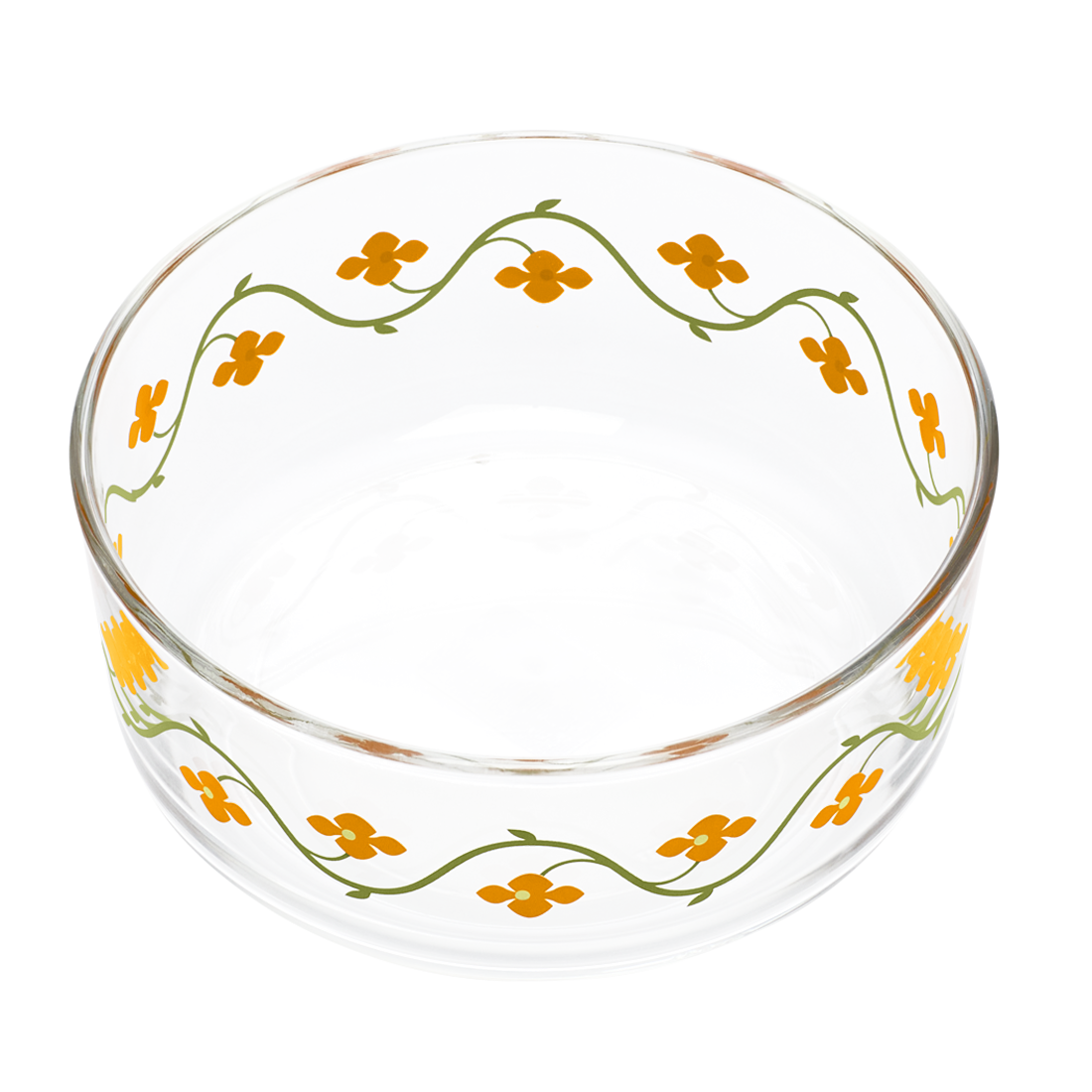 Clear glass bowl with floral pattern on a white background