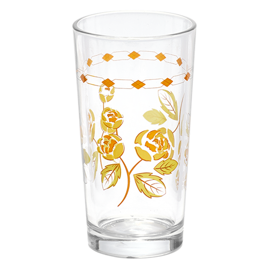 Clear glass with yellow floral design on a white background