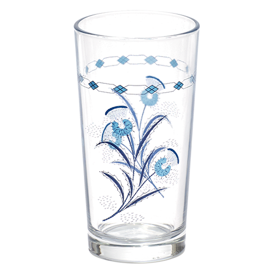 Clear glass with blue floral design on a white background