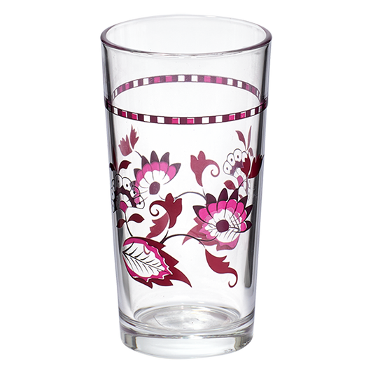 Clear glass with pink floral design on a white background