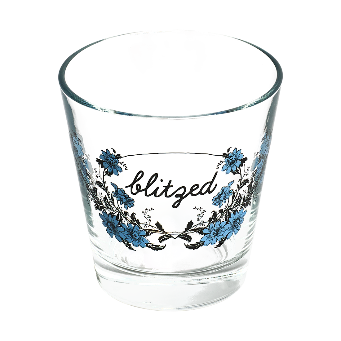 Clear glass with floral design and 'blitzed' text on a white background