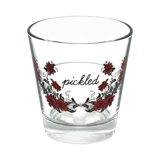 Clear glass with floral design and 'pickled' text on a white background