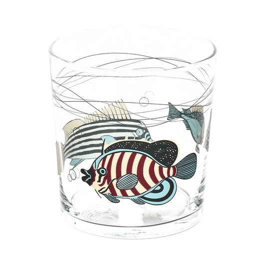 Clear glass tumbler with colorful fish illustrations on a white background