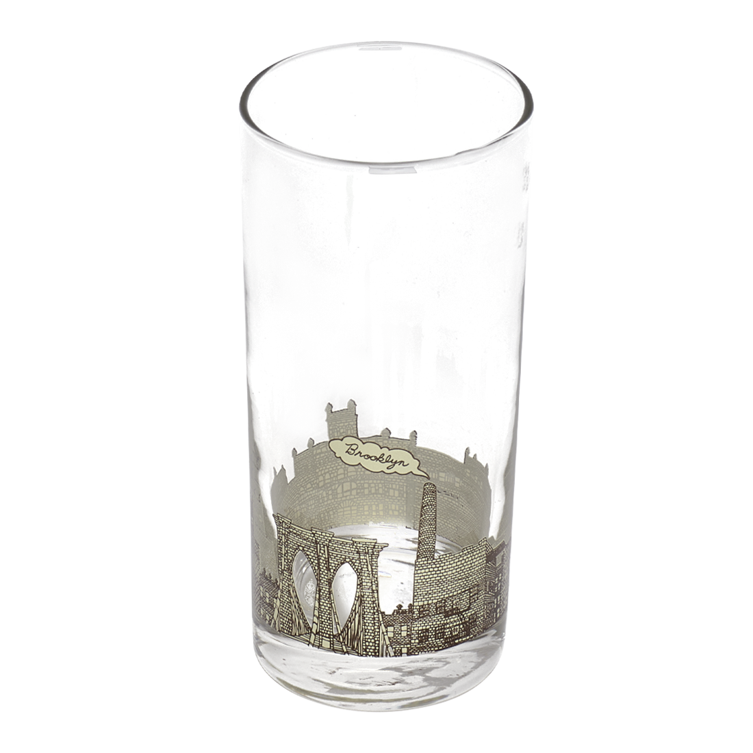 Clear glass tumbler with a printed design of the Brooklyn Bridge on a white background