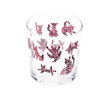 Angled top view of cat rocks glass with assorted pink and black illustrated cats.