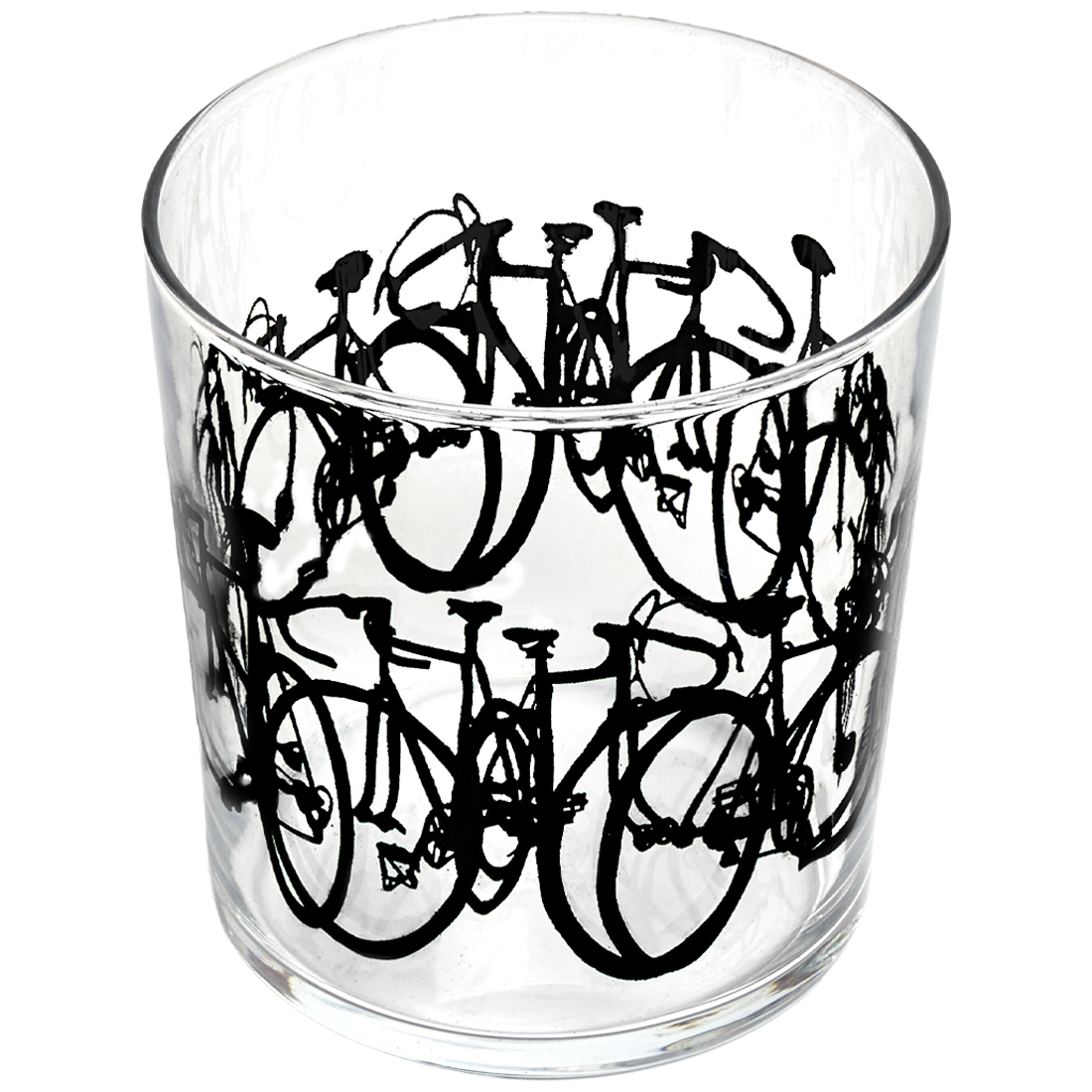 Clear glass tumbler with black bicycle illustrations on a white background