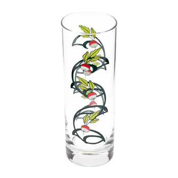 Angled top view of tall radish glass showing the vertical wraparound vine pattern.