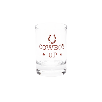 Front view of Cowboy Up shot glass featuring western-style typography and horseshoe design.