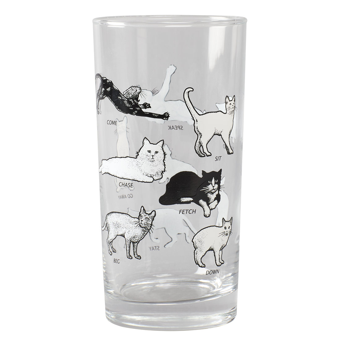 Clear glass with black and white illustrations of cats on a white background