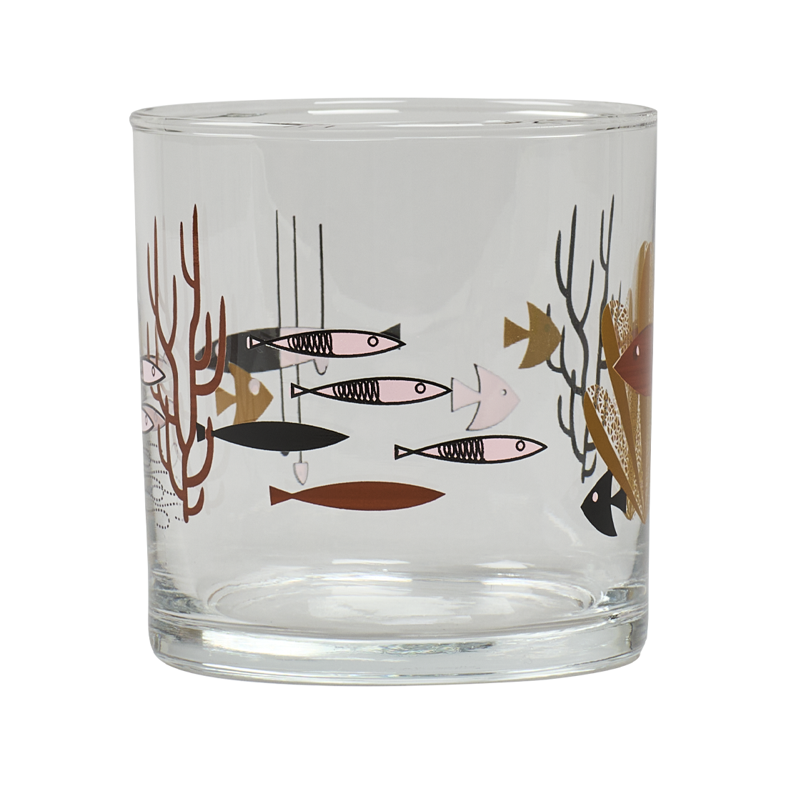 Clear glass tumbler with fish and coral design on a white background