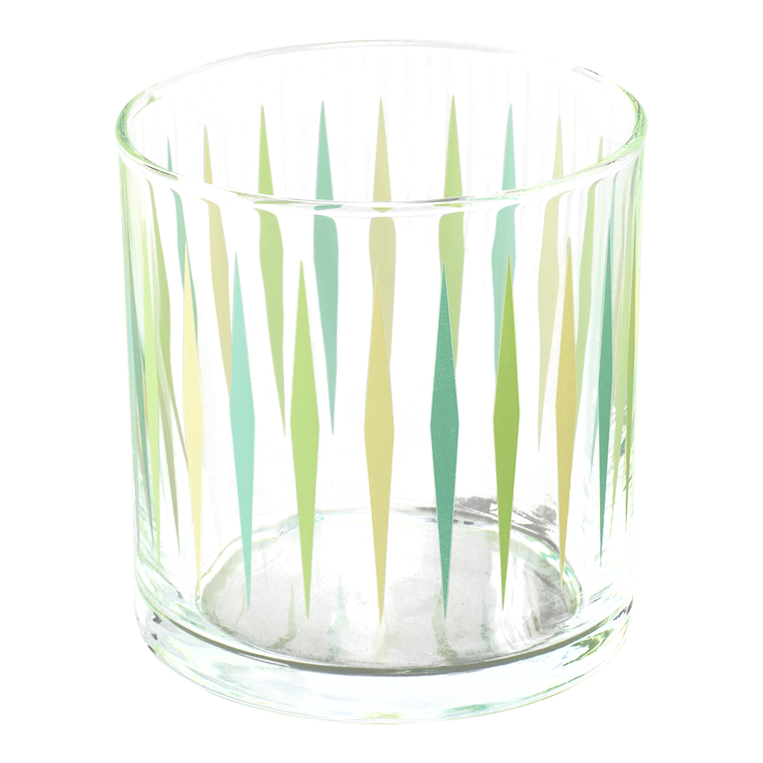 Clear glass candle holder with vertical green and yellow stripes on a white background
