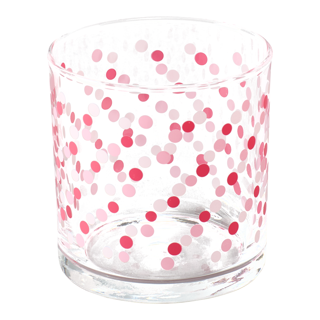 Clear glass with pink and red polka dot pattern on a white background