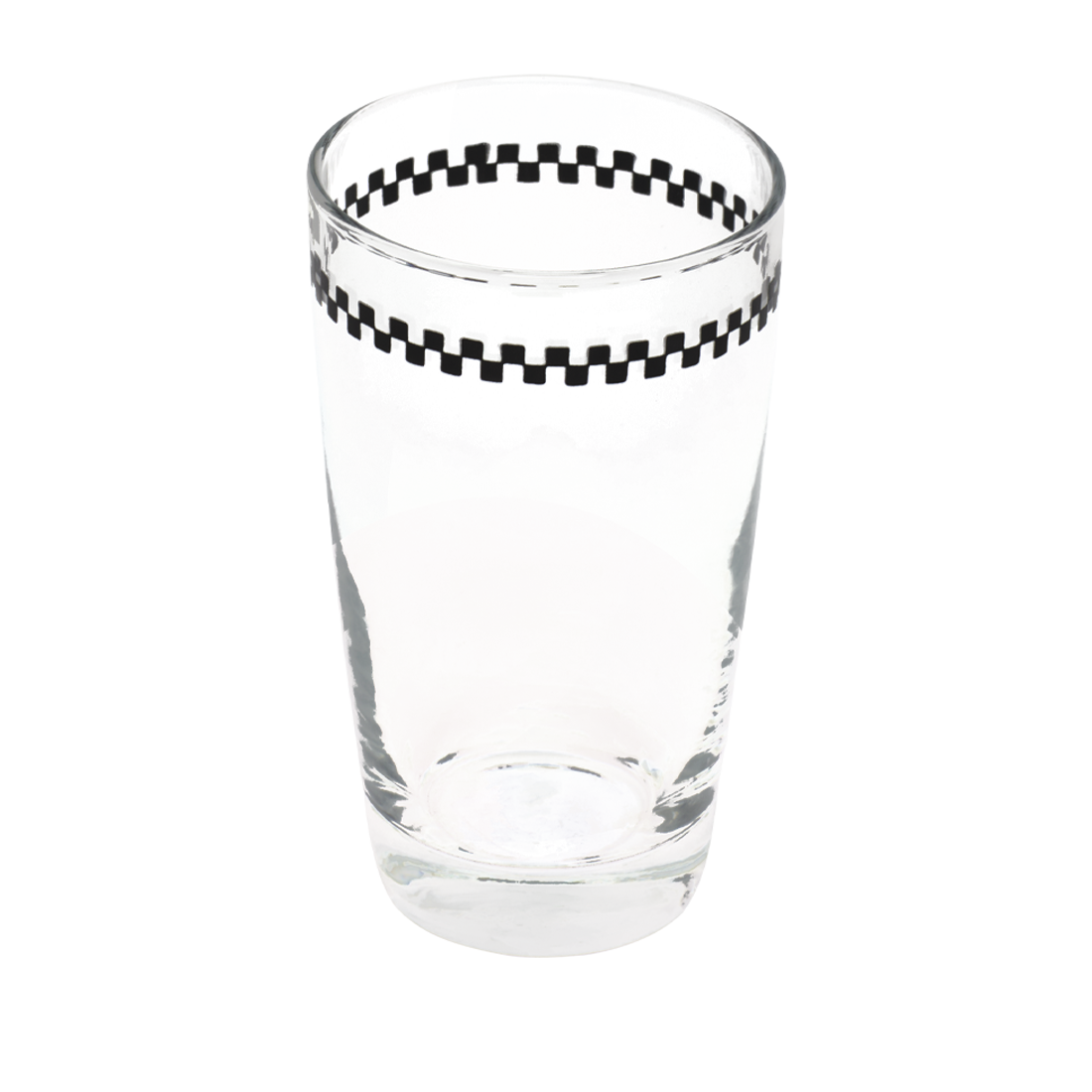 Clear glass with black checkered band on a white background