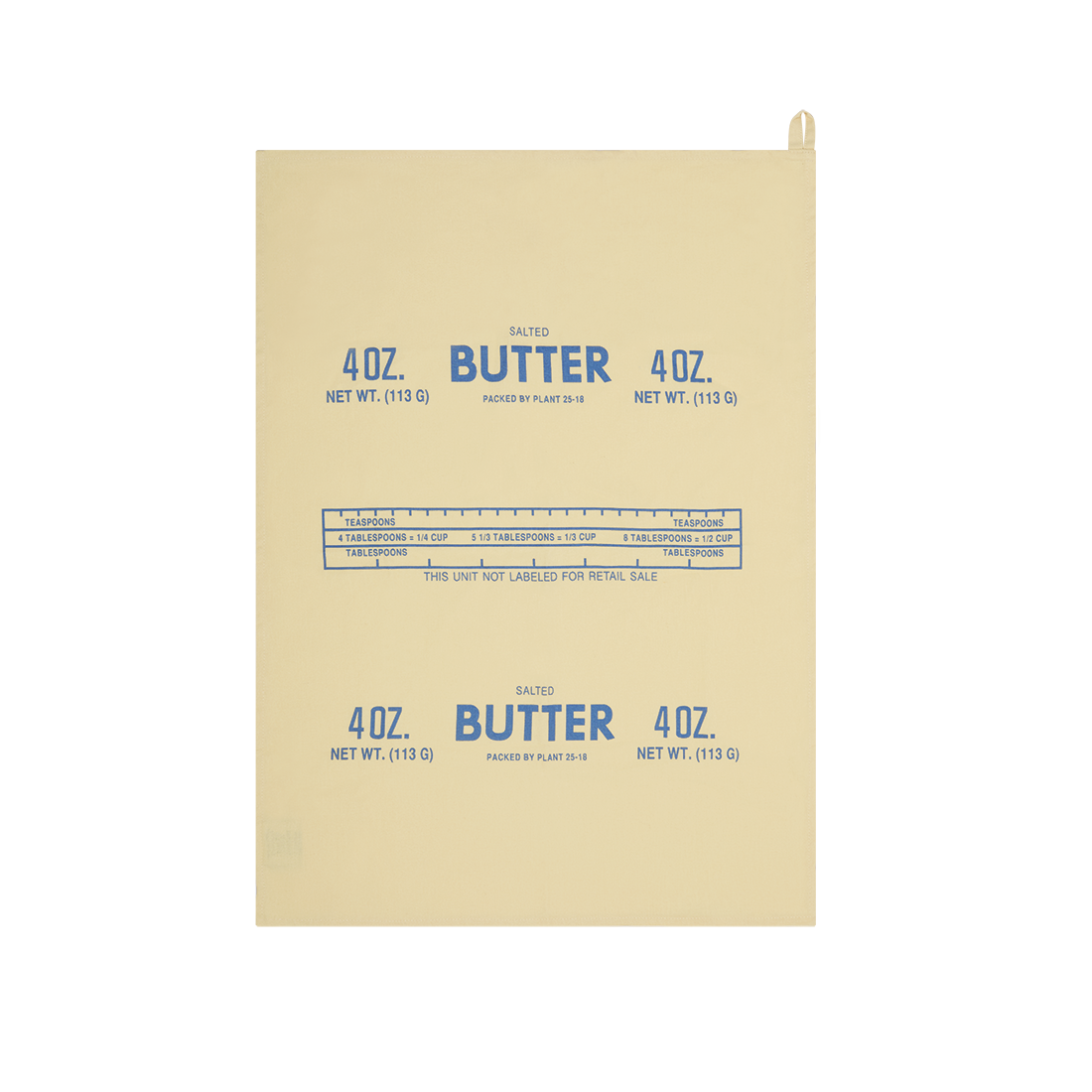 Beige butter container with blue text and measurements on a white background