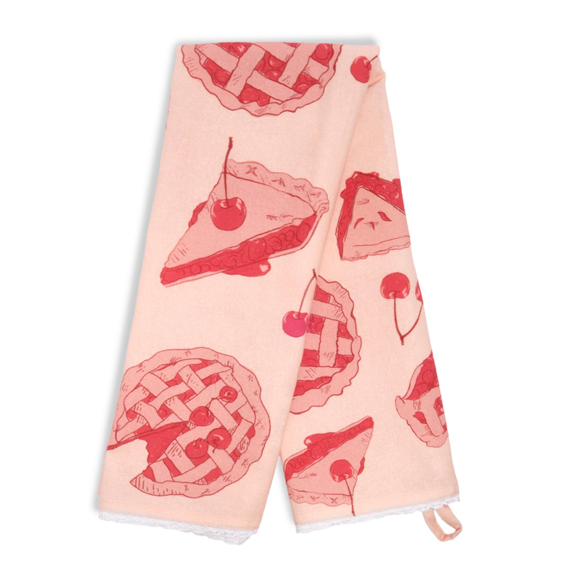 Pale pink cherry pie tea towel draped in an inverted V shape, showing red cherry pie slices, lattice pies, and scattered cherries across both hanging panels with white lace trim.