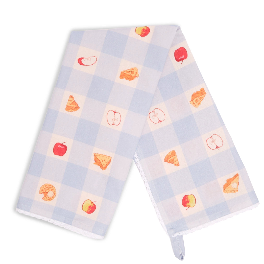 Light blue and white gingham apple pie tea towel draped in an inverted V shape, showing red apples and golden pie illustrations across both hanging panels.