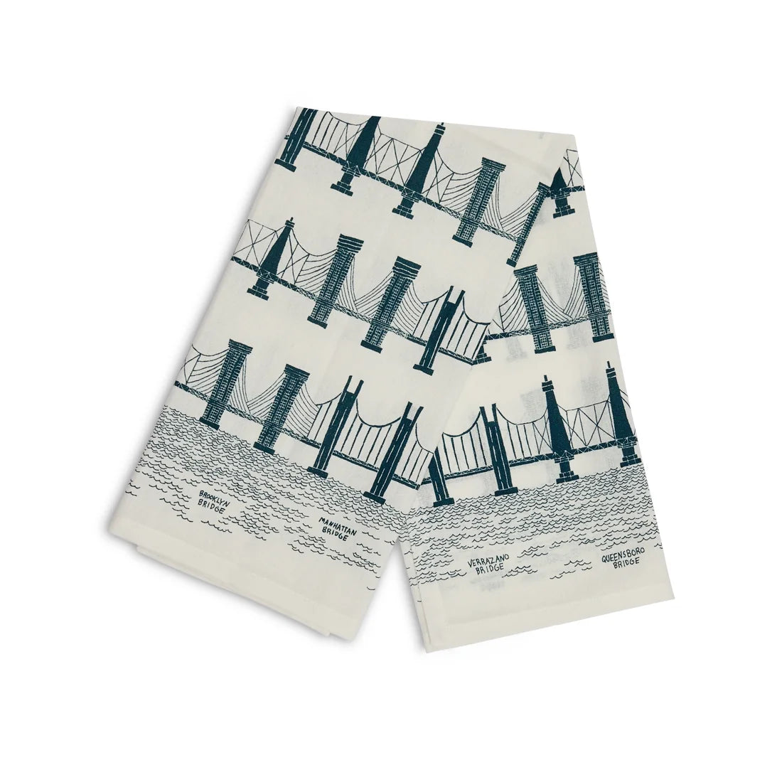Cream bridge and tunnel tea towel draped open showing the teal bridge pattern