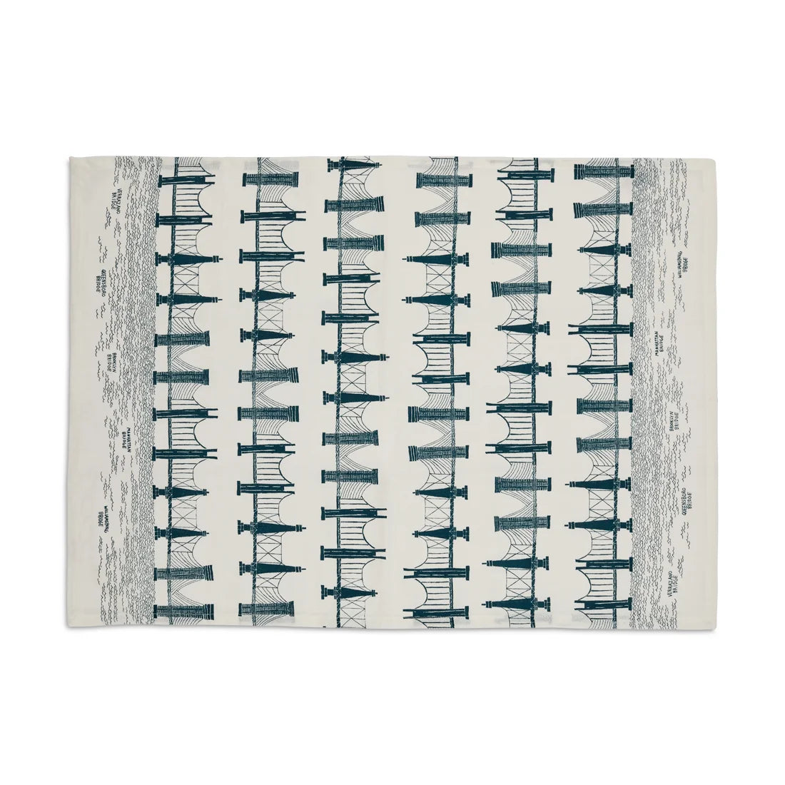 Cream tea towel laid flat printed with repeating teal bridge and tunnel illustrations