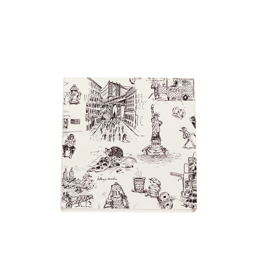 Notebook with black and white cityscape design on a white background