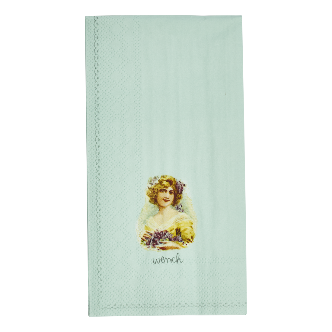 Mint green towel with a printed design of a woman labeled 'wench' on a white background
