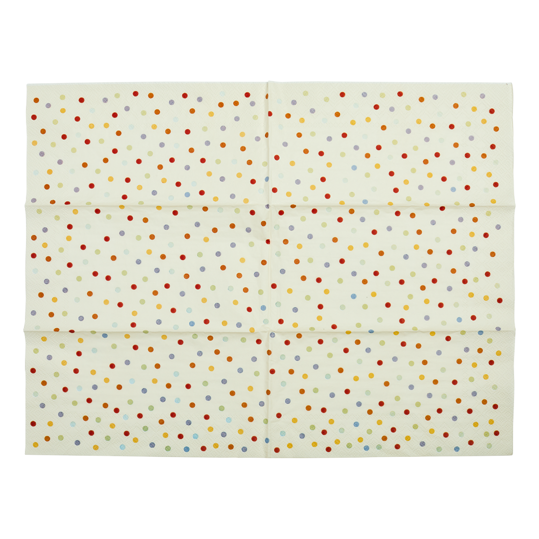 Folded fabric with multicolored polka dot pattern on a white background