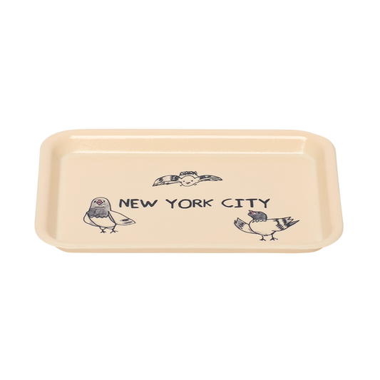 Rectangular NYC pigeon tray with hand drawn bird artwork and classic cream ceramic finish, designed to pair effortlessly with Fishs Eddy mugs diner ware and eclectic tabletop collections