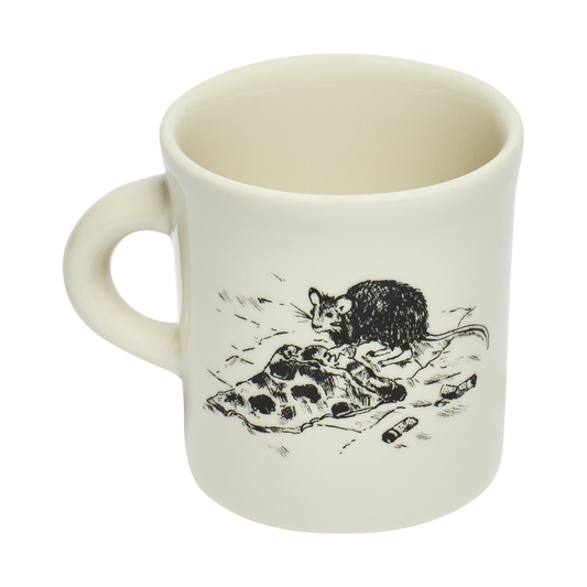 White mug with black illustration of a mouse in a dress on a white background